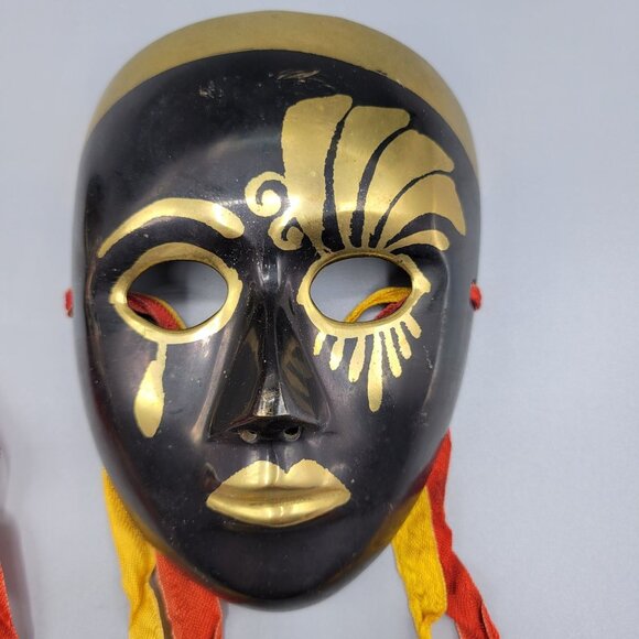 Vintage Decorative Brass Metal Wall Masks Set Of 2 Black With Gold Accents - Picture 2 of 9